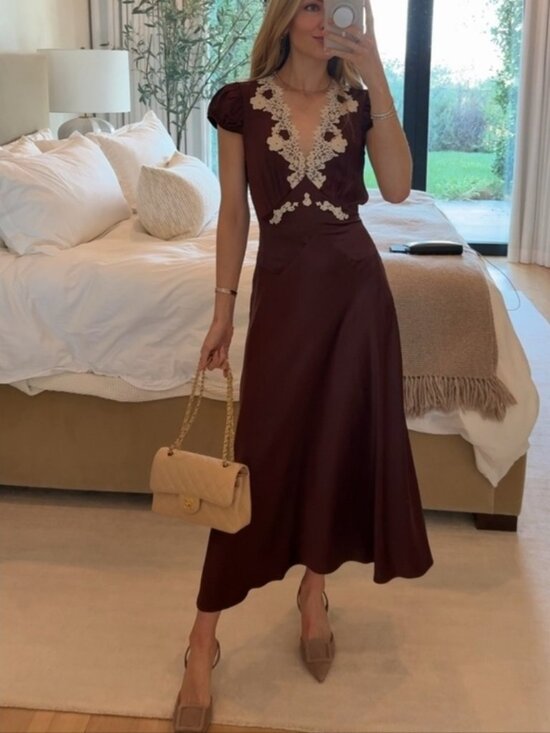 Doen Dresses & Skirts - Doen Coraline  Silk Satin Maxi Dress with Cream Lace Trim